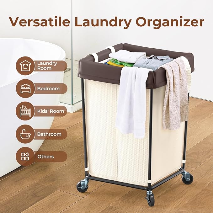 160L Rolling Laundry Basket with Wheels, 2-Section Rolling Laundry Hamper with Wheels, Double Laundry Hampers Cart on Wheels for Clothing Organizer, Hotel, Bedroom, Bathroom and Dorm, Beige