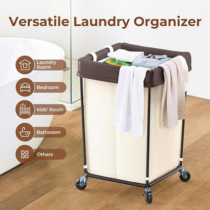 160L Rolling Laundry Basket with Wheels, 2-Section Rolling Laundry Hamper with Wheels, Double Laundry Hampers Cart on Wheels for Clothing Organizer, Hotel, Bedroom, Bathroom and Dorm, Beige