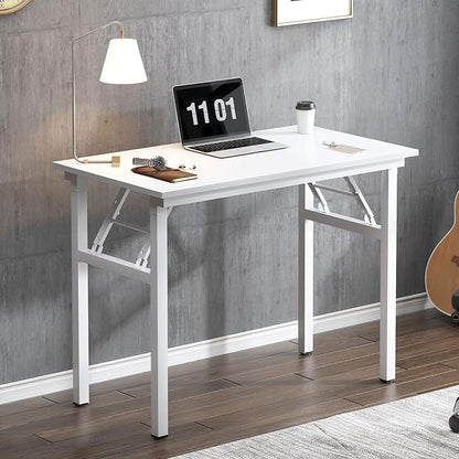 Need 31.5 Inch Folding Computer Desk for Small Spaces, White Study Foldable Writing Table for Home Office, Bedroom, Dorm Room & Student, No Assembly