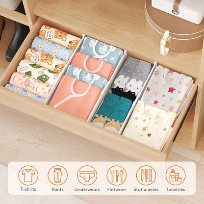 Lifewit 5 Pack Drawer Dividers for Clothes, 4" High 13.8"-22.2" Expandable Dresser Drawer Organizers, Adjustable White Plastic Separators for Kitchen, Cabinet, Nursery, Socks & Underwear Storage