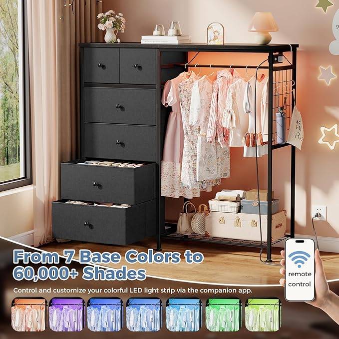 OLIXIS 6 Storage for Bedroom with Hanging Rack with LED Lights & Charging Station, Fabric Chest of Storage with Rack, Wooden Top, for Home Living Room Entryway Grey