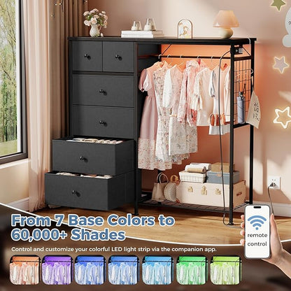 OLIXIS 6 Storage for Bedroom with Hanging Rack with LED Lights & Charging Station, Fabric Chest of Storage with Rack, Wooden Top, for Home Living Room Entryway Grey