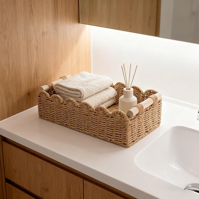 Khaki Scalloped Edge Rope Baskets with Wood Handle, Set of 2 – Neutral Decorative Storage Bins for Shelf, Closet, Nursery & Home Organization