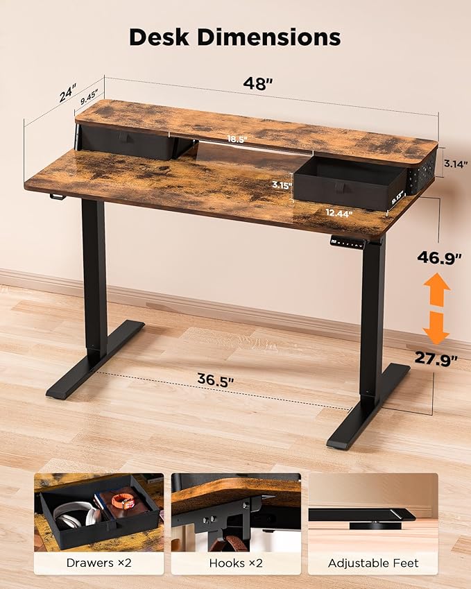 FiCiHi Standing Desk with Drawers,C-Clamp Mount Compatible, 48x24 Inch Electric Adjustable Height Computer Stand Up Desks, Home Office Sit Stand Table with 3 Preset Heights & Hooks, Rustic Brown
