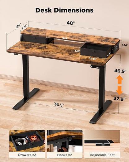 FiCiHi Standing Desk with Drawers,C-Clamp Mount Compatible, 48x24 Inch Electric Adjustable Height Computer Stand Up Desks, Home Office Sit Stand Table with 3 Preset Heights & Hooks, Rustic Brown