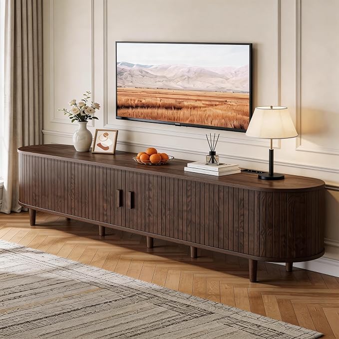 80" Mid Century Modern TV Stand with Power Outlet, Fluted Entertainment Center with Storage and Adjustable Shelves, Wood TV Console with Sliding Doors for Living Room, Walnut