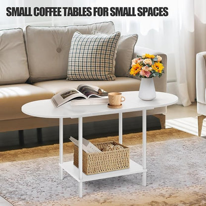 White Coffee Tables for Living Room,Mid Century Oval Center Table with Storage Shelf and Wood Tabletop,2-Tier Modern Narrow Cocktail Tea Table for Small Space,Small Apartment