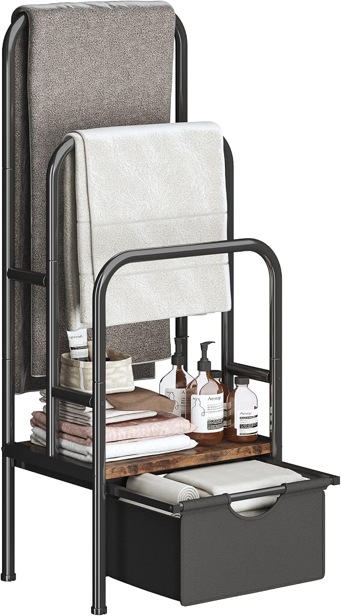 Homeiju Standing Towel Racks for Bathroom, Blanket Ladder, 3-Tier Towel Drying Rack, 15.6" L x 11.8" W x 41.7" H, Blanket Holder for Bedroom, Living Room,Rustic Brown