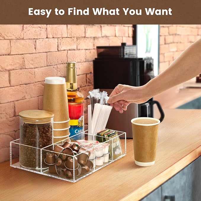 BEYGORM Acrylic Coffee Bar Station Organizer for Countertop,Office Breakroom Clear Snack Tea Storage Accessories Holder for Kcup Pod Condiment Cup Sugar Creamer Syrup, Gift for Coffee Lovers
