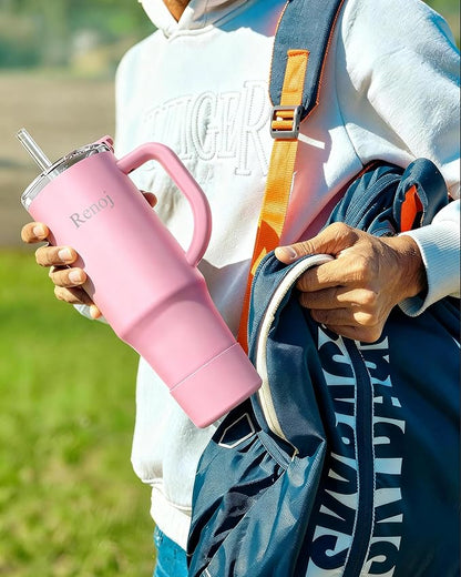 Renoj Tumbler with Handle 100% Leak Proof Insulated Water Bottle for Iced Coffee & Hot Drinks - Fits Car Cup Holder, Ideal Gift, 2 Straws & Silicone Boot BPA-Free - SnapShift Pink 32 oz