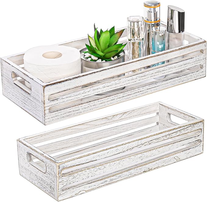 2 Pack Bathroom Decor Box, 16" 15" Wooden Toilet Paper Holder, White Toilet Storage Basket, Toilet Tissue Tray with Handles for Home Decor, Tank Topper, Bathroom Kitchen Counter