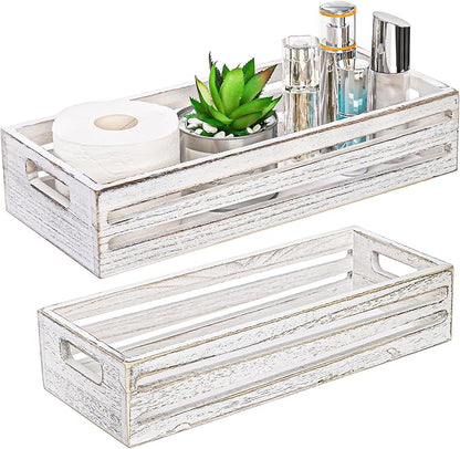 2 Pack Bathroom Decor Box, 16" 15" Wooden Toilet Paper Holder, White Toilet Storage Basket, Toilet Tissue Tray with Handles for Home Decor, Tank Topper, Bathroom Kitchen Counter