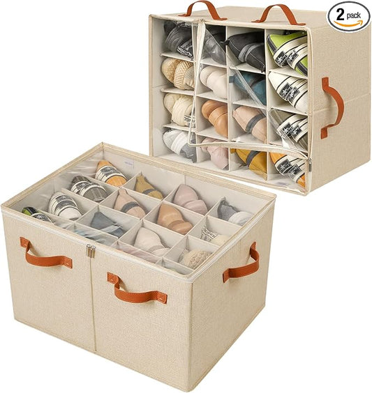 TOPIA HOME Shoe Organizer for Closet 2 Pack, Foldable Shoe Box with Adjustable Dividers and Clear Cover, Space Saving Shoe Storage Organizer Cabinet with Reinforced Handles, Fits 32 Pairs TP12J