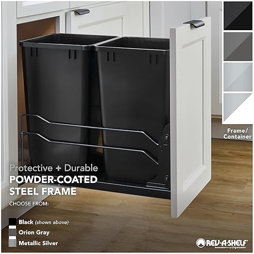 Rev-A-Shelf Steel Double Pullout Waste Container with Soft-Close, 35 Quart, Black - Sliding Garbage Bin System with Dual Trash Can for 18" Home Kitchen Base Cabinet, 53WC-1835SCDM-218