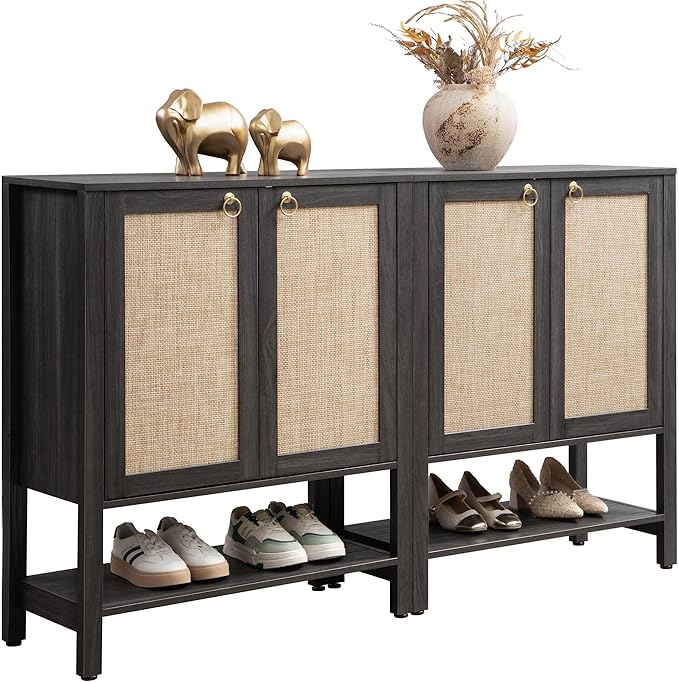 SICOTAS Shoe Storage Cabinet for Entryway - 5 Tier Rattan Entry Shoe Organizer Cabinet with Shelves & Doors, 2 Pieces Farmhouse Boho Tall Shoe Rack for Hallway, Living Room, Closet (Obsidian)