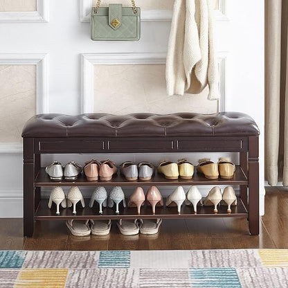 Shoe Storage Bench with Cushion, Entry Bench with Storage Solid Wood Shoe Bench Ideal for Entryway Living Room and Corridor (Brown 39.4'')