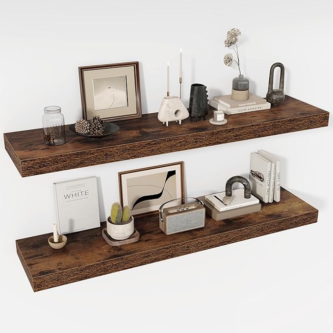 Acovy 48 Inch Floating Shelves, 12" Deep Floating Shelf Wall Mounted, 48" Wall Shelves, Rustic Deep Bookshelf, Extra Deeper & Thicker Display Shelves for Bedroom, Living Room, Brown, Set of 2
