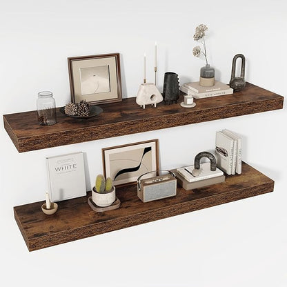 Acovy 48 Inch Floating Shelves, 12" Deep Floating Shelf Wall Mounted, 48" Wall Shelves, Rustic Deep Bookshelf, Extra Deeper & Thicker Display Shelves for Bedroom, Living Room, Brown, Set of 2
