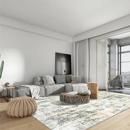 9x12 Area Rugs Washable Rug: Modern Abstract Living Room Rug Soft Anti-Skid Thin Carpet Indoor Floor Non-Shedding Carpets for Bedroom Dining Room Farmhouse Nursery Home Office Grey Brown