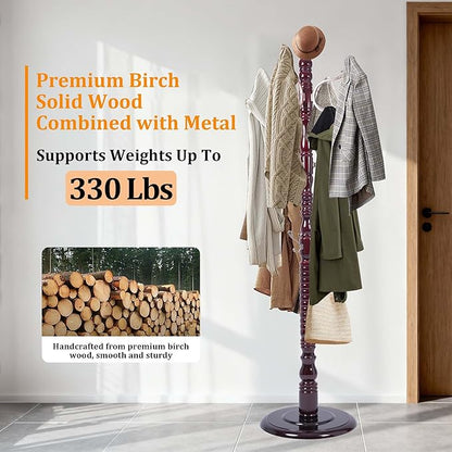 Wooden Coat Tree Freestanding with Metal Hooks, Coat Hanger Stand Clothing Tree with Adjustable Height 47’’-72.8’’, Modern Freestanding Coat Rack for Entrance, Office, Living Room, Bedroom, Corridor