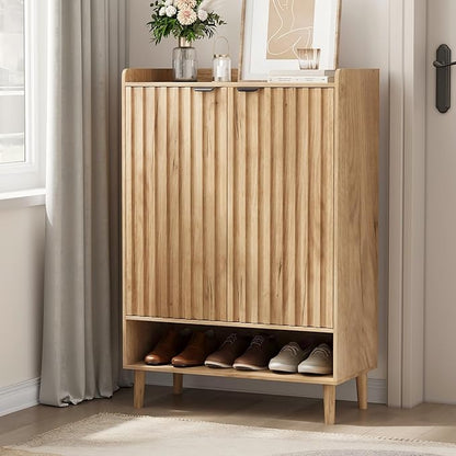 Shoe Cabinet, Large 6-Tier Shoe Storage Cabinet with Fluted 2 Doors, 44" Tall Freestanding Entryway Shoe Cabinet with Adjustable Shelves, Modern Shoe Organizer Cabinet, Shoe Rack Cabinet ( Oak)