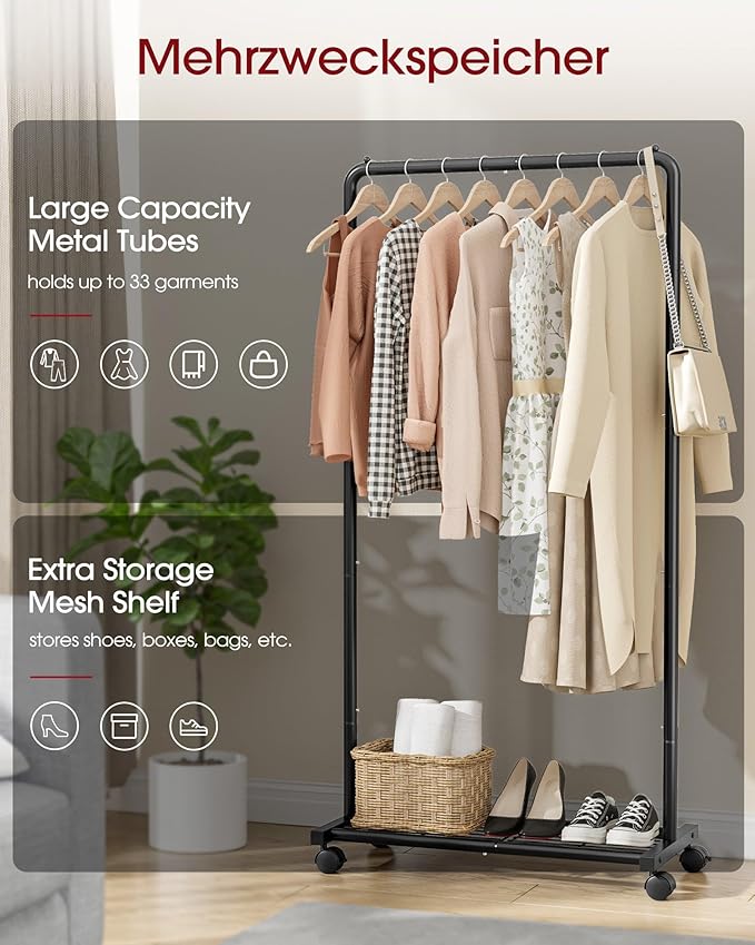 Clothes Rack - Clothing Rack with Storage Mesh Shelf & Casters, Heavy-Duty Metal Clothing Rack for Hanging Clothes, Dresses, Coats, Large Load Capacity, Easy Assembly, Black, 28.0"x16.9"x59.0"