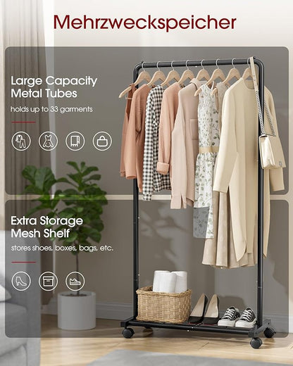 Clothes Rack - Clothing Rack with Storage Mesh Shelf & Casters, Heavy-Duty Metal Clothing Rack for Hanging Clothes, Dresses, Coats, Large Load Capacity, Easy Assembly, Black, 28.0"x16.9"x59.0"