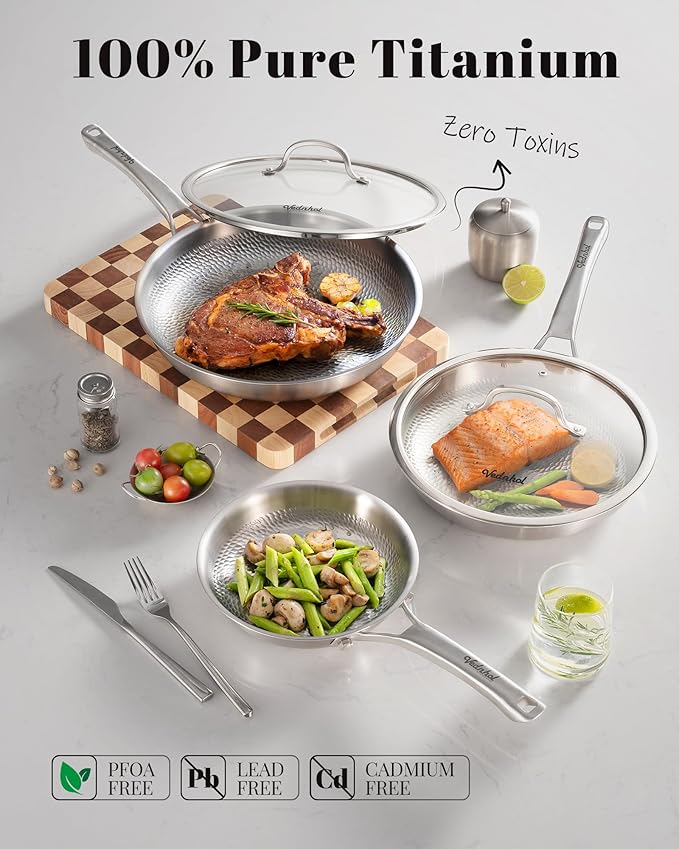 Titanium Pans set, 8 Pcs Pure Titanium Hammered Pro with Lids, Non Stick Skillet for Cooking, Non-Toxic, PFAS/PFOA/PTFE Free Cookware, Dishwasher&Oven Safe, Kitchen Induction Compatible