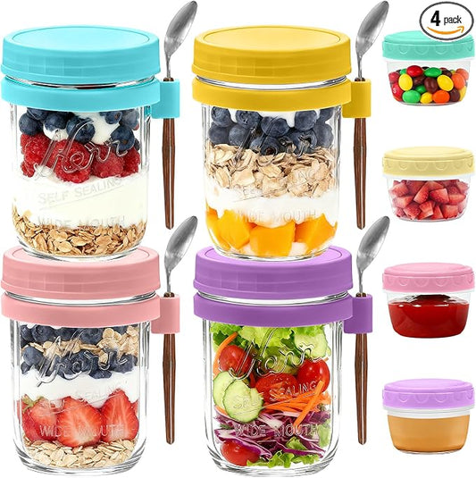4-Pack Overnight Oats Containers with Lids and Spoons, 16 oz Glass Mason Jars with Airtight Lids and 2.7 oz Condiment Containers for Overnight Oats, Chia Seed Pudding, Yogurt, Snacks, Cereal, Fruit