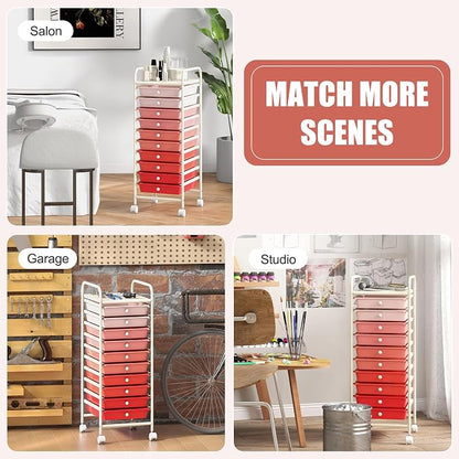 MEDIMALL 10 Drawers Rolling Storage Cart, Multipurpose Craft Storage Cart with Wheels, Mobile Tools Scrapbook Paper Organizer Cart for Office School Home Use