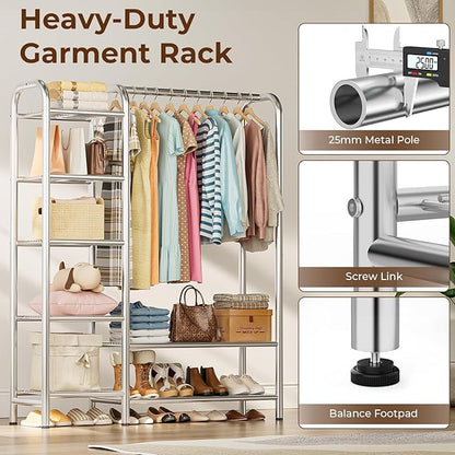 Heavy Duty Clothes Rack with 5 Tiers Shelves, Max Load 670LBS, Portable Freestanding Multi-Functional Metal Clothing Rack with Hanging Rods Organizer System for Bedroom Closet Wardrobe, Chrome