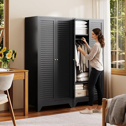 Letaya Metal Wardrobe Cabinets,71" Tall Armoire Wardrobe Closet with Fluted Doors and Shelves,Large Coat Closet Cabinet with Hanging Rod,Clothing Storage Cabinets for Home Room(Black)