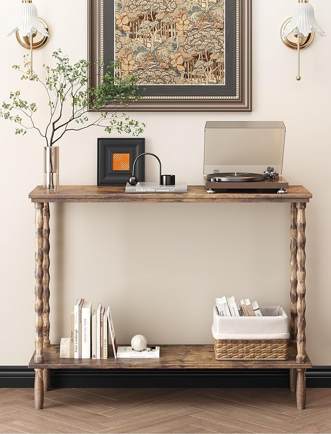 NiHome Wood Console Table with Carved Solid Wood Legs, 39.4"x11.8"x31.5" Matte Fingerprint-Resistant Finish, 2-Tier Narrow Table for Entryway, Hallway, Living Room, Foyer, Easy Tool-Free Assembly