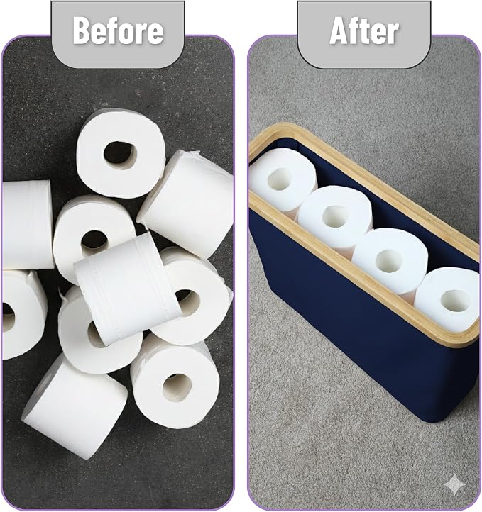 BAMBOO LAND- Toilet Paper Storage with Bamboo Lid for 12 Rolls, Dark Blue, Waterproof Bamboo Toilet Paper Holder Basket