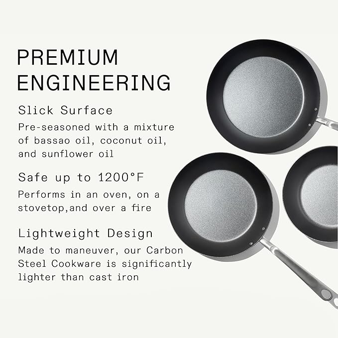 Made In Cookware | 3 Piece (Includes 8",10",12") Seasoned Blue Carbon Steel Frying Pan - (Like Cast Iron, but Better) | Professional Cookware | Crafted in Sweden | Induction Compatible