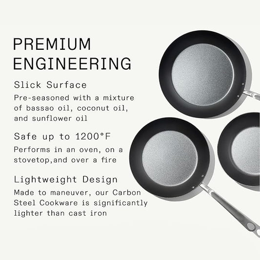 Made In Cookware | 3 Piece (Includes 8",10",12") Seasoned Blue Carbon Steel Frying Pan - (Like Cast Iron, but Better) | Professional Cookware | Crafted in Sweden | Induction Compatible