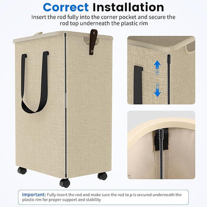 Laundry Basket with 5 Wheels, Tall Dirty Laundry Hamper, Rolling Laundry Basket with Lid, Collapsible Clothes Hamper for Bathroom Bedroom Dorm Laundry Room, Khaki, 75L
