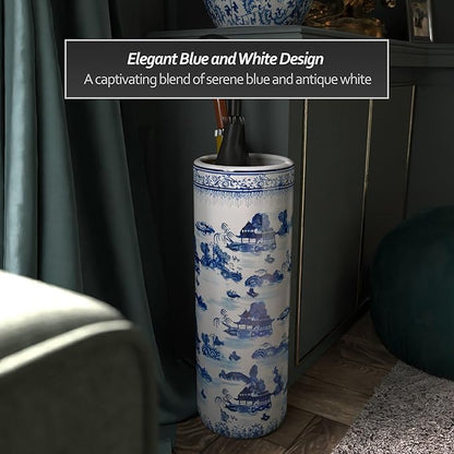 Oriental Furniture 20" Landscape Blue & White Porcelain Umbrella Stand