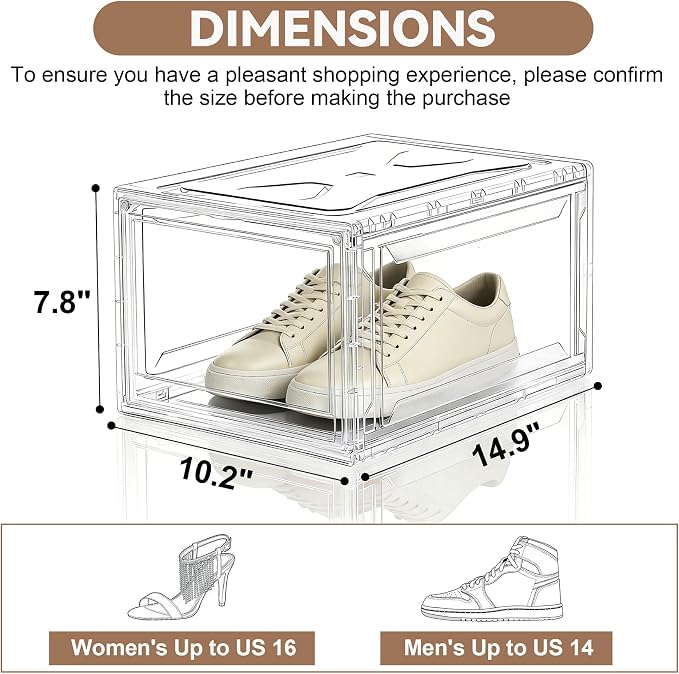 BVBOX 12 Pack Acrylic Shoe Storage Boxes with Magnetic Door - 360° Clear Stackable Shoe Display Box Set, Plastic Shoe Cabinet Rack Box for Sneakers Heels Shoes (12, Clear, L - Front Open)