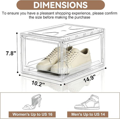 BVBOX 12 Pack Acrylic Shoe Storage Boxes with Magnetic Door - 360° Clear Stackable Shoe Display Box Set, Plastic Shoe Cabinet Rack Box for Sneakers Heels Shoes (12, Clear, L - Front Open)