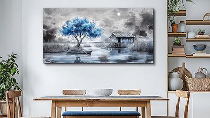 QIYILEXWART Canvas Wall Art For Living Room Wall Decor For Bedroom Office Wall Decorations The Blue Tree Painting The Hut Pictures Artwork Room Aesthetic Home Decor Ready To Hang