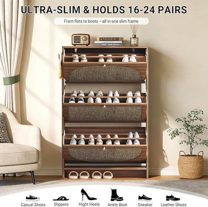 Nicetree Rattan Arched Accent Shoe Storage Cabinet - Freestanding Ultra Slim for Entryway, 3 Flip Drawers & 3-Tier Adjustable Shelves, Farmhouse Modern Rustic Shoe Rack for Hallway, Foyer, Living Room