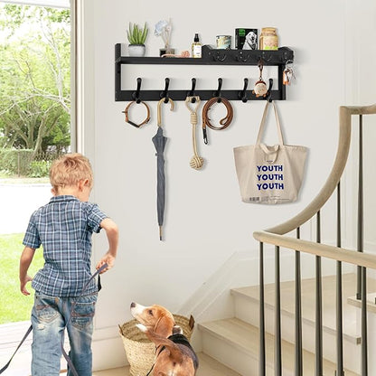 Coat Rack Wall Mount with Shelf, 27.5" Entryway Wall Hanging Shelf, Coat and Key Hanger with 10 Dual Hooks, Mail Organizer and Key Holder Hat Rack for Wall, Wood Coat Hooks with Storage