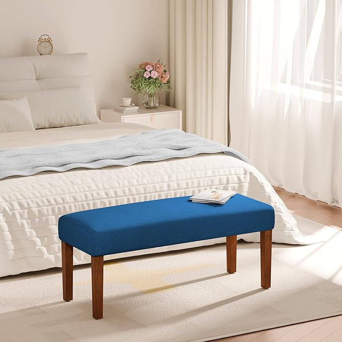 44" Bedroom Bench, Fabric End of Bed Bench, Entryway Benches, Upholstered Ottoman Bench with Wood Legs for Kitchen, Indoor, Living Room and Hallway (Blue)