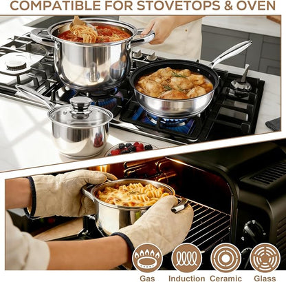 Stainless Steel Cookware Set - 15 Pieces Pots and Pans Nonstick Pot and Pan Set Includes 1 Frying Pans, 5 Pots, 6 Lids and 3 Utensils, with Stay Cooling Handle, Induction & Oven Safe