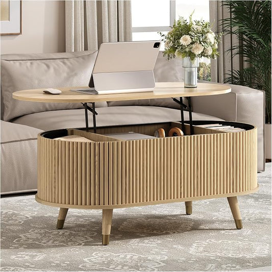 Oval Lift Top Coffee Table with Storage, 42.5” Fluted Coffee Table with Lifting Top & Solid Wood Legs, Mid Century Modern Center Table for Living Room, Home Office, Oak