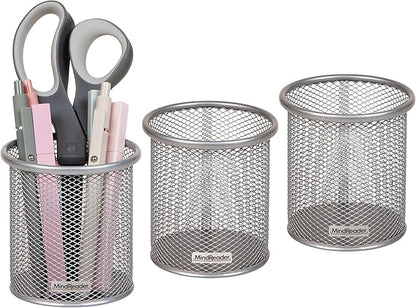 Mind Reader Pen and Accessories Holder, Desktop Organizer, Office, Metal Mesh, 3.5"L x 3.5"W x 3.75"H, Set of 3, Silver