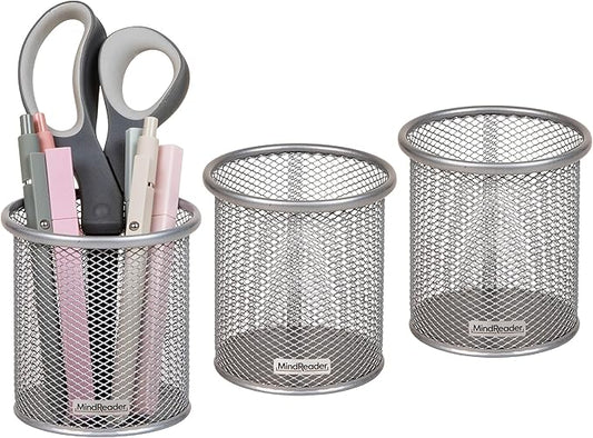 Mind Reader Pen and Accessories Holder, Desktop Organizer, Office, Metal Mesh, 3.5"L x 3.5"W x 3.75"H, Set of 3, Silver