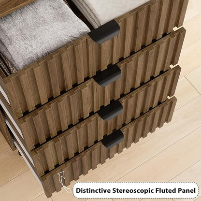 Walnut Fluted 4 Drawers Dresser for Bedroom, Chest of Drawers with Metal Wide Handle, Wooden Dresser for Closet, Bedroom, Living Room, 23.6" x 14.9"D x 30.7" H