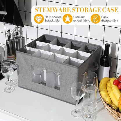 Norme 3 Pack Wine Glasses Storage Box with Dividers, 12 Compartments Stemware Storage Cases Champagne Flute Box with Lid Handle Window China Container Organizer for Moving(Wine Glass Size,Gray)